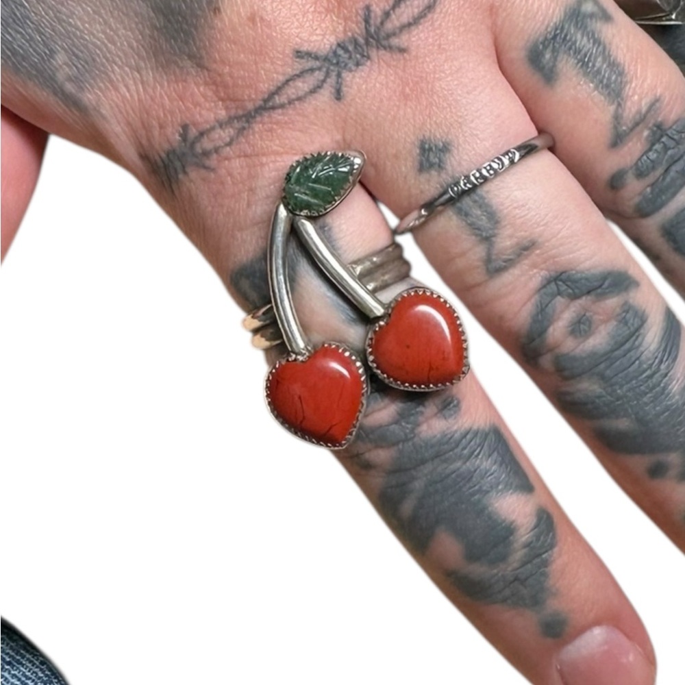 Cherry sterling Silver Ring with Red and Green jade  Accents - Picture 2 of 3